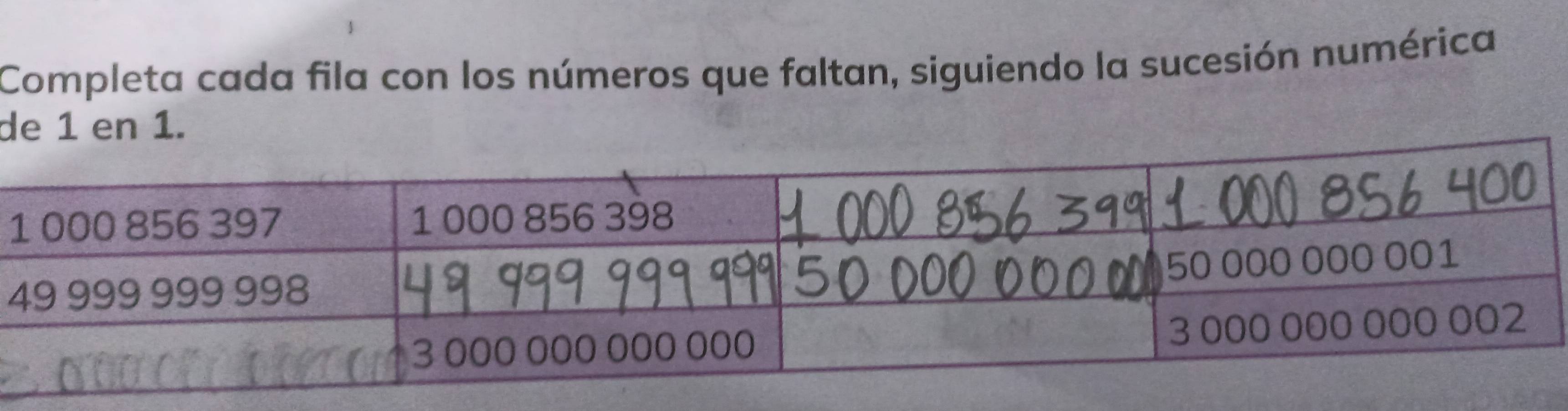 Completa cada fila con los números que faltan, siguiendo la sucesión numérica 
de 1 en 1.
1
4