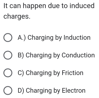 It can happen due to induced
charges.
A.) Charging by Induction
B) Charging by Conduction
C) Charging by Friction
D) Charging by Electron