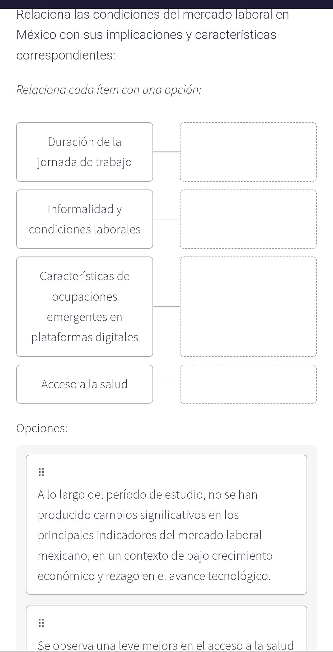 Relaciona las condiciones del mercado laboral en 
México con sus implicaciones y características 
correspondientes: 
Relaciona cada ítem con una opción: 
Duración de la 
jornada de trabajo 
Informalidad y 
condiciones laborales 
Características de 
ocupaciones 
emergentes en 
plataformas digitales 
Acceso a la salud 
Opciones: 
:: 
A lo largo del período de estudio, no se han 
producido cambios significativos en los 
principales indicadores del mercado laboral 
mexicano, en un contexto de bajo crecimiento 
económico y rezago en el avance tecnológico. 
: 
Se observa una leve mejora en el acceso a la salud