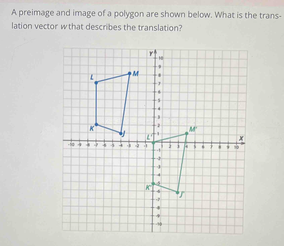 A preimage and image of a polygon are shown below. What is the trans-
lation vector wthat describes the translation?