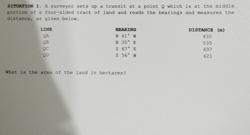 Solved: SITUATION 1. A surveyor sets up a transit at a point Q which is ...