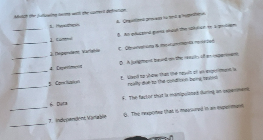 Solved: Match the following tenms with the coect defirition. 1 ...