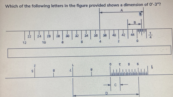 Which of the following letters in the figure provided shows a dimension of 0'-3'' ?