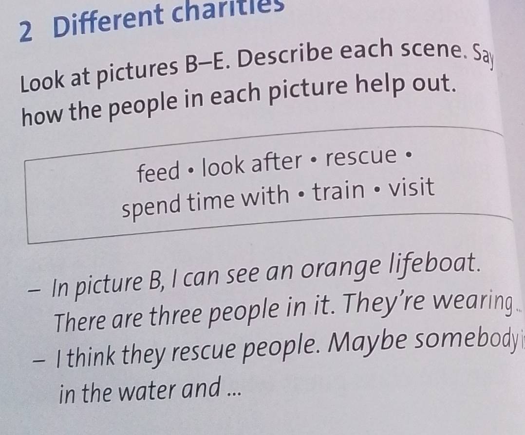 Different charities 
Look at pictures B-E. Describe each scene. Say 
how the people in each picture help out. 
feed • look after • rescue • 
spend time with • train • visit 
- In picture B, I can see an orange lifeboat. 
There are three people in it. They’re wearing 
- I think they rescue people. Maybe somebody 
in the water and ...