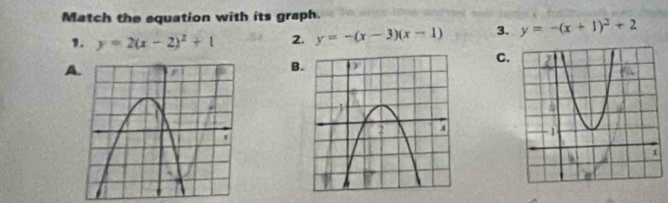 Match the equation with its graph.
1. y=2(x-2)^2+1 2. y=-(x-3)(x-1) 3. y=-(x+1)^2+2
A
B.
C