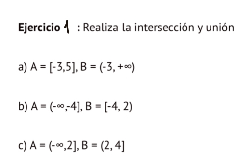 Realiza la intersección y unión 
a) A=[-3,5], B=(-3,+∈fty )
b) A=(-∈fty ,-4], B=[-4,2)
c) A=(-∈fty ,2], B=(2,4]