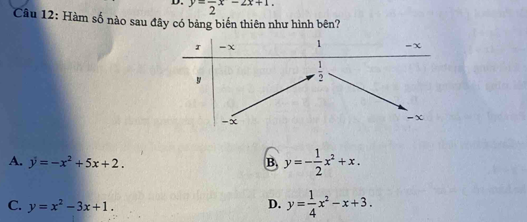 y=frac 2x-2x+1.
Câu 12: Hàm số nào sau đây có bảng biến thiên như hình bên?
A. y=-x^2+5x+2. B. y=- 1/2 x^2+x.
C. y=x^2-3x+1. D. y= 1/4 x^2-x+3.