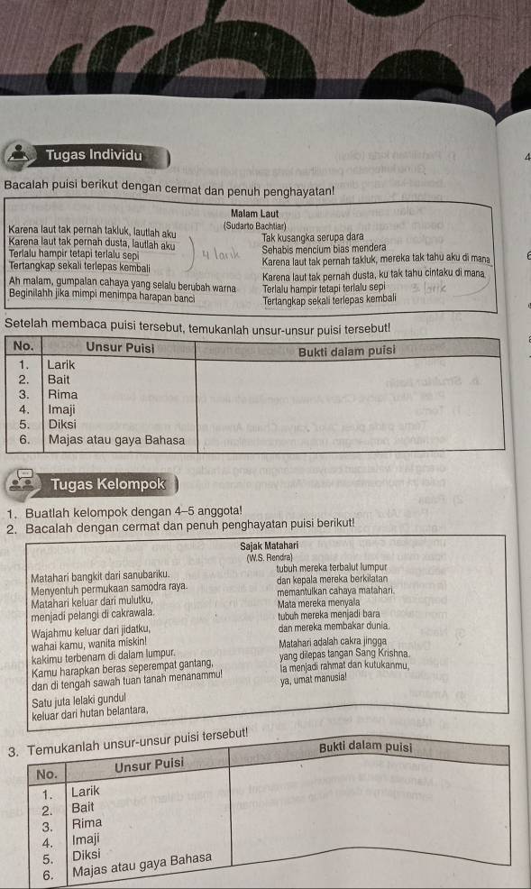 Tugas Individu 4
Bacalah puisi berikut dengan cermat dan penuh penghayatan!
Malam Laut
Karena laut tak pernah takluk, lautiah aku (Sudarto Bachliar)
Karena laut tak pernah dusta, lautlah aku Tak kusangka serupa dara
Terlalu hampir tetapi terlalu sepi Sehabis mencium bias mendera
Tertangkap sekali terlepas kembali Karena laut tak pernah takluk, mereka tak tahu aku di mana
Karena laut tak pernah dusta, ku tak tahu cintaku di mana
Ah malam, gumpalan cahaya yang selalu berubah warna Terlalu hampir tetapi terlalu sepi
Beginilahh jika mimpi menimpa harapan banci Tertangkap sekali terlepas kembali
Setelah membaca pui
Tugas Kelompok
1. Buatlah kelompok dengan 4-5 anggota!
2. Bacalah dengan cermat dan penuh penghayatan puisi berikut!
Sajak Matahari
(W.S. Rendra)
Matahari bangkit dari sanubariku. tubuh mereka terbalut lumpur
dan kepala mereka berkilatan
Menyentuh permukaan samodra raya. memantulkan cahaya matahari.
Matahari keluar dari mulutku, Mata mereka menyala
menjadi pelangi di cakrawala. tubuh mereka menjadi bara
Wajahmu keluar dari jidatku, dan mereka membakar dunia.
wahai kamu, wanita miskin!
kakimu terbenam di dalam lumpur. Matahari adalah cakra jingga
Kamu harapkan beras seperempat gantang, yang dilepas tangan Sang Krishna.
dan di tengah sawah tuan tanah menanammu! la menjadi rahmat dan kutukanmu.
ya, umat manusia!
Satu juta lelaki gundul
keluar dari hutan belantara,