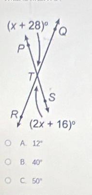 A. 12°
B. 40°
C. 50°