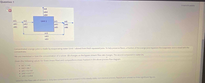 out of 6 points 
Concentrated orange juice is made by evaporating water (Unit 1 above) from fresh squeezed juice. To help preserve flavor, a fraction of the orange juice bypasses the evaporator and is mixed with the 
concentrate. 
We are interested in how the concentration of a solute (B) changes as the bypass stream flow rate changes. The second component is witer (A). 
Given the following values for flows (mass flow) and compositions (mass fraction) in the above process flow diagram:
m1=143
m4=44.7
|A|=0.104
∠ AA=0.0117
aAS=0.45a
solve for the flow rate of stream 3. Orvly two components are present in this steadly state, non-reactive process. Report your answer to three signdicare ligures