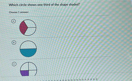 Which circle shows one third of the shape shaded? 
Choose 1 answer: 
B