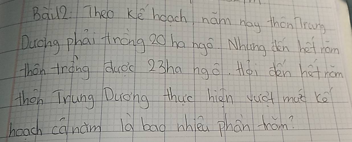 Bàu2: Theo Keheach ham nay then Trang 
Duchg phai frong 2o ha hgo Nhng in het nom 
thán trong duc 23ha ngo. +ói dén hot nán 
then Tnung Duohg thao hign yuc mut kǒ 
boach canàm l0 bag whèi phan hám?