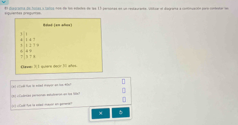 El diagrama de hojas y tallos nos da las edades de las 13 personas en un restaurante. Utilizar el diagrama a continuación para contestar las 
sigulientes preguntas. 
Edad (en años)
beginarrayr 3|147 4|1477 5|1277 6|49 7|378endarray
Clave: 3|1 quiere decir 31 años. 
(=) ¿Cuál fue la edad mayor en los 40s? 
(b) ¿Cuántas personas estubieron en los 50s? 
(c) ¿Cual fue la edad mayor en general? 
× 5