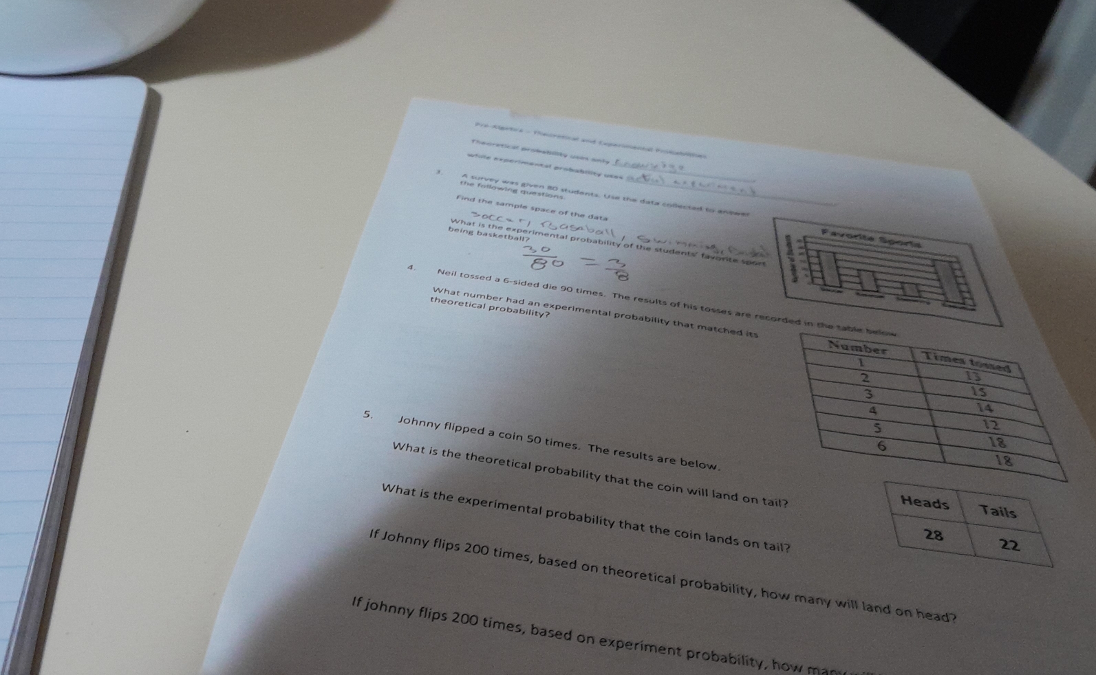 Pre-Algetra - Theretical and Experinental Prikabtes 
Theoretical probability uses anly 
_ 
while experimental probability uses . 
Find the sample space of the data 
being basketball? 
Pavorita Sporía 
What is the experimental probability of the students' favorte spor 
4. Neil tossed a 6 -sided die 90 times. The results of his tosses are recorded in th 
What number had an experimental probability that matched its 
theoretical probability 
5. Johnny flipped a coin 50 times. The results are below 
What is the theoretical probability that the coin will land on tail? 
What is the experimental probability that the coin lands on tail? 
If Johnny flips 200 times, based on theoretical probability, how many will land on head? 
If johnny flips 200 times, based on experiment probability, how man