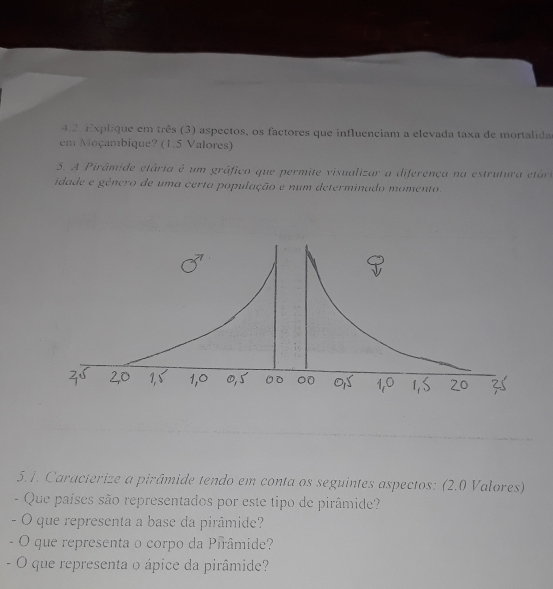 4.2 Explique em três (3) aspectos, os factores que influenciam a elevada taxa de mortalida 
em Moçambique? (1.5 Valores) 
5. A Pirâmide etária é um gráfico que permite visualizar a diferença na estrutura etári 
idade e género de uma certa população e num determinado momento. 
5.1. Caracterize a pirâmide tendo em conta os seguintes aspectos: (2.0 Valores) 
- Que países são representados por este tipo de pirâmide? 
- O que representa a base da pirâmide? 
O que representa o corpo da Pirâmide? 
- O que representa o ápice da pirâmide?