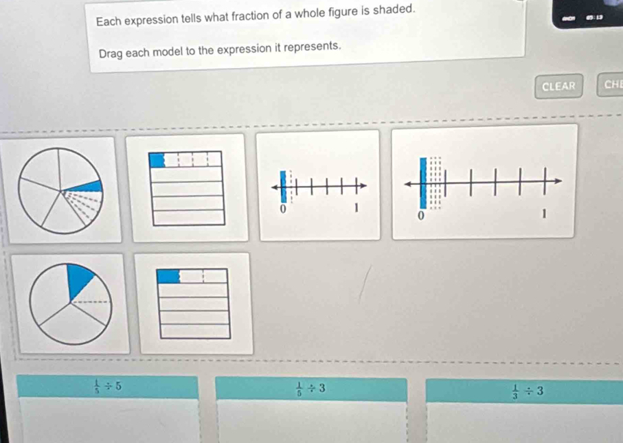 Each expression tells what fraction of a whole figure is shaded.
an
Drag each model to the expression it represents.
CLEAR CHI
0 1
 1/5 / 5
 1/5 / 3
 1/3 / 3