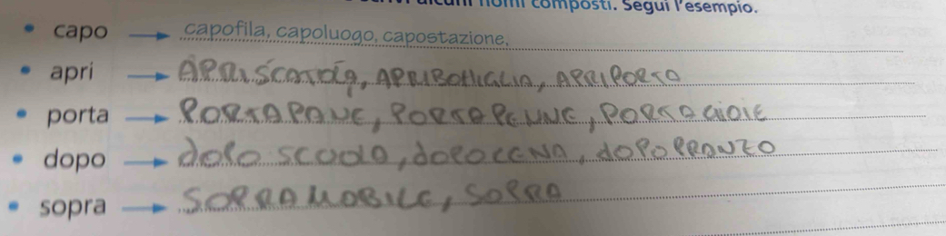 lomí composti. Ségui lesempio. 
_ 
capo _capofila, capoluogo, capostazione. 
_ 
apri 
_ 
porta 
_ 
_ 
_ 
dopo 
_ 
sopra