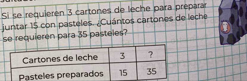 Si se requieren 3 cartones de leche para preparar 
juntar 15 con pasteles. ¿Cuántos cartones de leche 
se requieren para 35 pasteles?