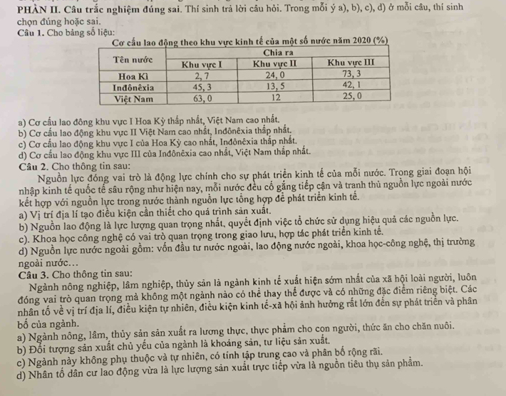 PHÀN II. Câu trắc nghiệm đúng sai. Thí sinh trả lời câu hỏi. Trong mỗi ý a), b), c), d) ở mỗi câu, thí sinh
chọn đúng hoặc sai.
Câu 1. Cho bảng số liệu:
Cơ cấu lao động theo khu vực kinh tế của một số nước năm 2020 (%)
a) Cơ cấu lao đông khu vực I Hoa Kỳ thắp nhất, Việt Nam cao nhất.
b) Cơ cầu lao động khu vực II Việt Nam cao nhất, Indônêxia thắp nhất.
c) Cơ cầu lao động khu vực I của Hoa Kỳ cao nhất, Inđônêxia thắp nhất.
d) Cơ cầu lao động khu vực III của Inđônêxia cao nhất, Việt Nam thắp nhất.
Câu 2. Cho thông tin sau:
Nguồn lực đóng vai trò là động lực chính cho sự phát triển kinh tế của mỗi nước. Trong giai đoạn hội
nhập kinh tế quốc tế sâu rộng như hiện nay, mỗi nước đều cố gắng tiếp cận và tranh thủ nguồn lực ngoài nước
kết hợp với nguồn lực trong nước thành nguồn lực tổng hợp đề phát triển kinh tế.
a) Vị trí địa lí tạo điều kiện cần thiết cho quá trình sản xuất.
b) Nguồn lao động là lực lượng quan trọng nhất, quyết định việc tổ chức sử dụng hiệu quả các nguồn lực.
c). Khoa học công nghệ có vai trò quan trọng trong giao lưu, hợp tác phát triển kinh tế.
d) Nguồn lực nước ngoài gồm: vốn đầu tư nước ngoài, lao động nước ngoài, khoa học-công nghệ, thị trường
ngoài nước...
Câu 3. Cho thông tin sau:
Ngành nông nghiệp, lâm nghiệp, thủy sản là ngành kinh tế xuất hiện sớm nhất của xã hội loài người, luôn
đóng vai trò quan trọng mả không một ngành nào có thể thay thể được và có những đặc điểm riêng biệt. Các
nhân tố về vị trí địa lí, điều kiện tự nhiên, điều kiện kinh tế-xã hội ảnh hưởng rắt lớn đến sự phát triển và phân
bố của ngành.
a) Ngành nông, lâm, thủy sản sản xuất ra lương thực, thực phẩm cho cọn người, thức ăn cho chăn nuôi.
b) Đối tượng sản xuất chủ yếu của ngành là khoáng sản, tư liệu sản xuất.
c) Ngành này không phụ thuộc và tự nhiên, có tính tập trung cao và phân bố rộng rãi.
d) Nhân tố dân cư lao động vừa là lực lượng sản xuất trực tiếp vừa là nguồn tiêu thụ sản phẩm.