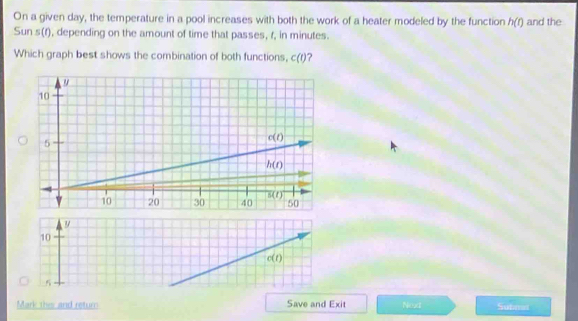 On a given day, the temperature in a pool increases with both the work of a heater modeled by the function h(t) and the
Sun s(t) , depending on the amount of time that passes, f, in minutes.
Which graph best shows the combination of both functions, c(t)
y
10
c(t)
5
Mark thies and return Save and Exit Nead Subnal