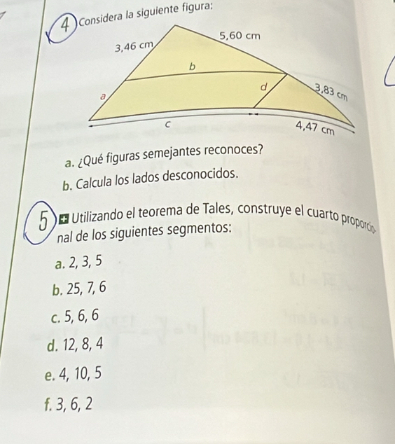 4 )Considera la siguiente figura:
a. ¿Qué figuras semejantes reconoces?
b. Calcula los lados desconocidos.
5 Utilizando el teorema de Tales, construye el cuarto proporcón
nal de los siguientes segmentos:
a. 2, 3, 5
b. 25, 7, 6
c. 5, 6, 6
d. 12, 8, 4
e. 4, 10, 5
f. 3, 6, 2