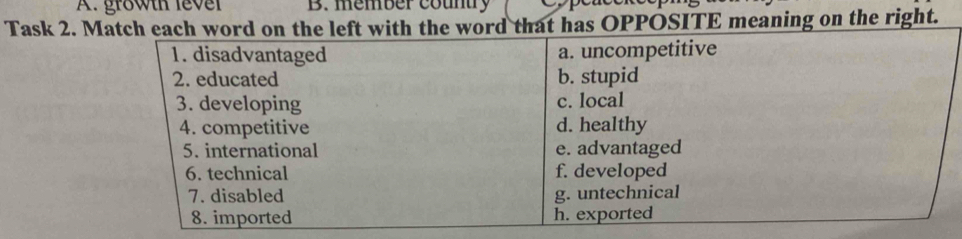 growth lever B. member country 
Task 2. Mas OPPOSITE meaning on the right.