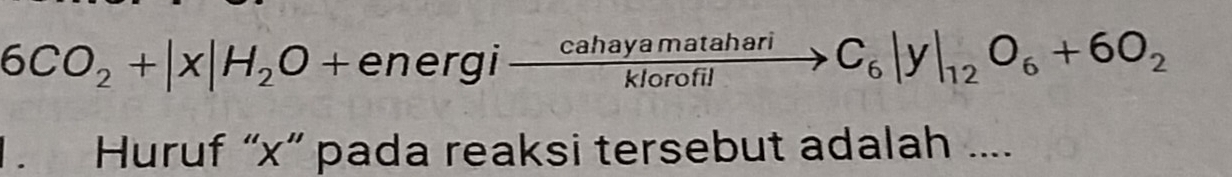 6CO_2+|x|H_2O+energito  cahayamatahari/klorofil to C_6|y|_12O_6+6O_2
Huruf “ x ” pada reaksi tersebut adalah ....