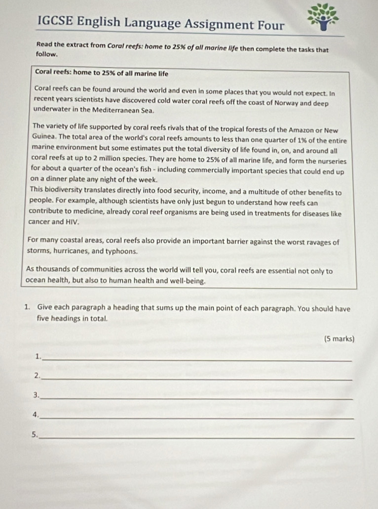Solved: IGCSE English Language Assignment Four Read the extract from ...