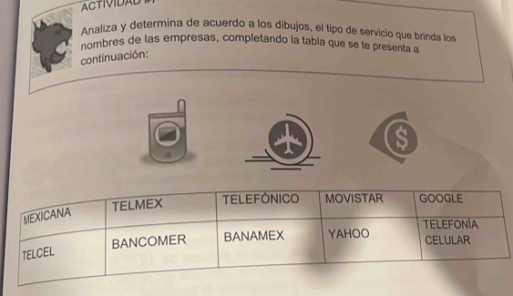 ACTIVIDAD # 
Analiza y determina de acuerdo a los dibujos, el tipó de servicio que brinda los 
nombres de las empresas, completando la tabia que se te presenta a 
continuación: