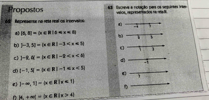 Propostos 63 Escreva a notação para os seguintes inter- 
valos, representados na reta R.
69 Represente na reta real os intervalos: 
a 
a) [6,8]= x∈ R|6≤slant x≤slant 8
b 
b) ]-3,5 = x∈ R|-3
C 
c) ]-2,6[= x∈ R|-2
d) -1
d) [-1,5[= x∈ R|-1≤slant x<5
e) 7
e)  -∈fty ,1]= x∈ R|x≤slant 1
f) 
D |4,+∈fty |= x∈ R|x>4