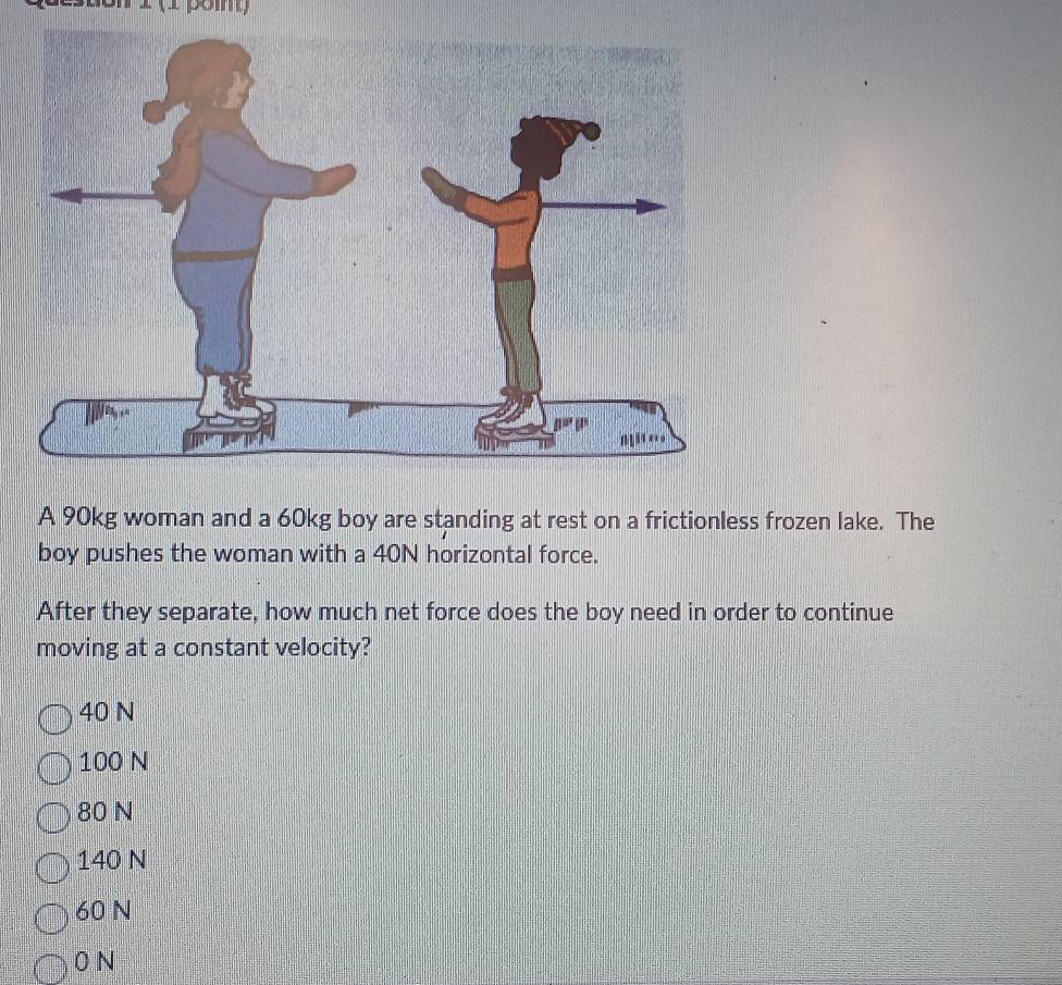 A 90kg woman and a 60kg boy are standing at rest on a frictionless frozen lake. The
boy pushes the woman with a 40N horizontal force.
After they separate, how much net force does the boy need in order to continue
moving at a constant velocity?
40 N
100 N
80 N
140 N
60 N
0 N