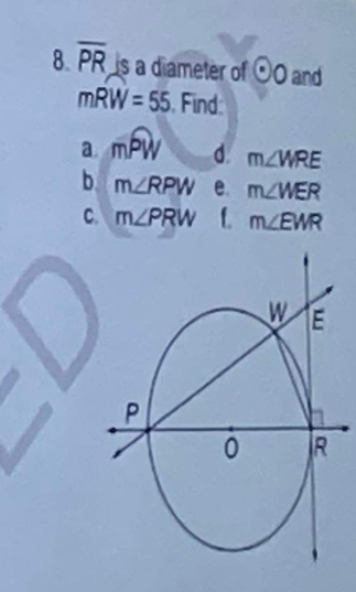 overline PR is a diameter of odot O and
mwidehat RW=55 Find
a. moverline PW d. m∠ WRE
b. m∠ RPW e. m∠ WER
C. m∠ PRW f. m∠ EWR