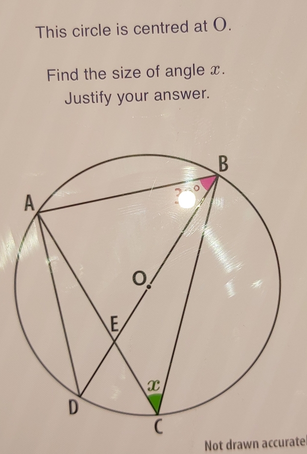 This circle is centred at O.
Find the size of angle x.
Justify your answer.
Not drawn accurate