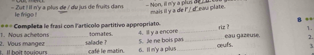 Our, meru 
- Zut ! Il n'y a plus de / du jus de fruits dans - Non, il n'y a plus de u el 
le frigo ! 
mais il y a de I’ / d’ eau plate. 
8 
●●* Completa le frasi con l’articolo partitivo appropriato. 
1. Nous achetons tomates. 4. Il y a encore _riz ? 
1. 
2. Vous mangez _salade ? 5. Je ne bois pas_ eau gazeuse. 2. 
. Il boit touiours_ _café le matin. 6. Il n'y a plus _œufs. 
3.