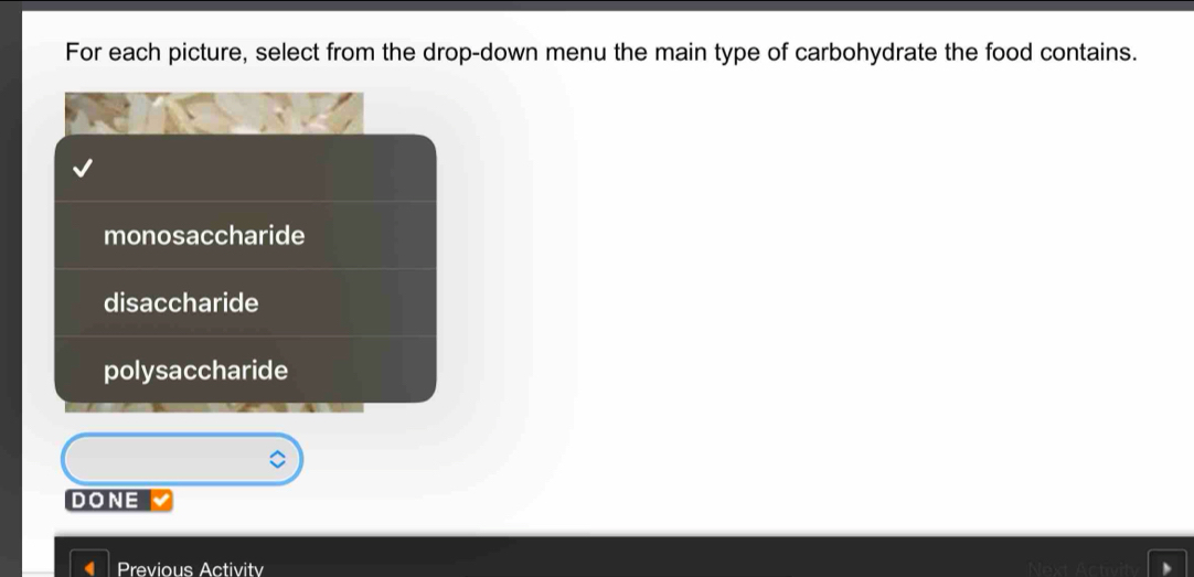 For each picture, select from the drop-down menu the main type of carbohydrate the food contains.
monosaccharide
disaccharide
polysaccharide
DONE
Previous Activity