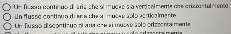 Un flusso continuo di aria che si muove sia verticalmente che orizzontalmente
Un flusso continuo di aria che si muove solo verticalmente
Un flusso discontinuo di aria che si muove solo orizzontalmente