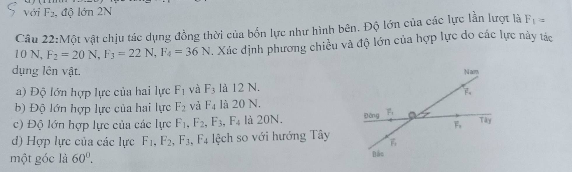 với F_2 , độ lớn 2N
Câu 22:Một vật chịu tác dụng đồng thời của bốn lực như hình bên. Độ lớn của các lực lần lượt là F_1=
10 N, F_2=20N,F_3=22N,F_4=36N. Xác định phương chiều và độ lớn của hợp lực do các lực này tác
dụng lên vật.
a) Độ lớn hợp lực của hai lực F_1 và F_3 là 12 N.
b) Độ lớn hợp lực của hai lực F_2 và F_4 là 20 N.
c) Độ lớn hợp lực của các lực F_1,F_2,F_3,F_4 là 20N.
d) Hợp lực của các lực F_1,F_2,F_3 ,F_4 ệch so với hướng Tây
một góc là 60^0.