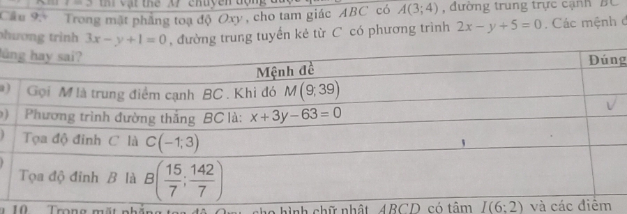 vật the  X  chuyền đợn  
Cầu 9.* Trong mặt phẳng toạ độ Oxy , cho tam giác ABC có A(3;4) , đường trung trực cạnh BC
phương trình 3x-y+1=0 , đường trung tuyến kẻ từ C có phương trình 2x-y+5=0.  Các mệnh ở
lũ
g
a 
)
10  Trong mặt nhắ hình chữ nhật ABCD có tâm I(6;2endpmatrix và các điểm