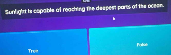 94/50
Sunlight is capable of reaching the deepest parts of the ocean.
False
True