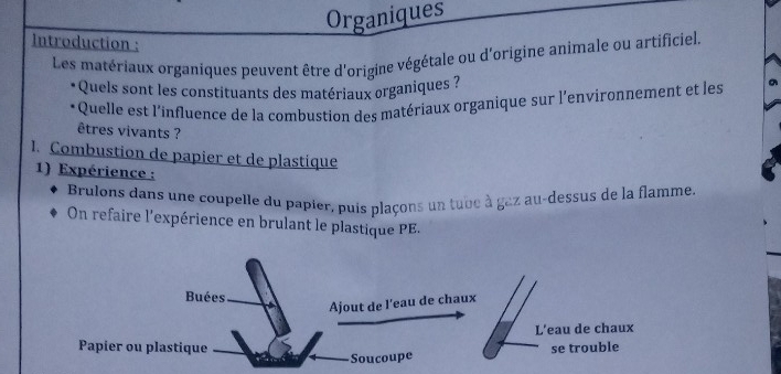 Organiques 
Introduction : 
Les matériaux organiques peuvent être d'origine végétale ou d'origine animale ou artificiel. 
* Quels sont les constituants des matériaux organiques ? 
*Quelle est l'influence de la combustion des matériaux organique sur l'environnement et les 
êtres vivants ? 
1. Combustion de papier et de plastíque 
1) Expérience : 
Brulons dans une coupelle du papier, puis plaçons un tube à gaz au-dessus de la flamme. 
On refaire l'expérience en brulant le plastique PE. 
Buées 
Ajout de l'eau de chaux 
L'eau de chaux 
Papier ou plastique se trouble 
Soucoupe