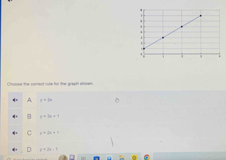 Choose the correct rule for the graph shown.
A y=2x
B y=3x+1
C y=2x+1
y=2x-1