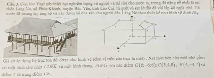 Con bão Yagi gây thiệt hại nghiêm trọng về người và tài sản cho nước ta, trong đó nặng nề nhất là tại 
thôn Làng Nú, xã Phúc Khánh, huyện Bảo Yên, tình Lảo Cai, lũ quét và sạt lở đất đã vùi lắp 40 ngôi nhà. Cả 
nước đã chung tay ủng hộ và xây dựng lại nhà sản cho người dân Làng Nú theo thiết kế như hình vẽ đưới đây. 
Giả sử áp dụng hệ trục tọa độ Oxyz như hình vẽ (đơn vị trên các trục là mét) . Xét một bên của mái nhà gồm 
có một hình chữ nhật CDFE và một hình thang ADFG với các điểm G(6;-6;6); C(3;4;8); F(4;-4;7) và 
điểm / là trung điểm CE.