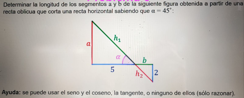 Determinar la longitud de los segmentos a y b de la siguiente figura obtenida a partir de una
recta oblicua que corta una recta horizontal sabiendo que alpha =45°:
Ayuda: se puede usar el seno y el coseno, la tangente, o ninguno de ellos (sólo razonar).