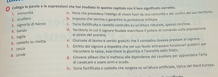 Collega le parole e le espressioni che hai studiato in questo capitolo con il loro significato corretto.
1. immunità a. Pena che prevedeva l’obbligo di vivere fuori da una comunità e dai confini del suo territorio.
2. scudiero b. Imposta che serviva a garantire la protezione militare.
3. signoria di banno c. Torre fortificata o castello costruito su un’altura naturale, spesso rocciosa.
4. bando
d. Territorio in cui il signore feudale esercitava il potere di comando sulla popolazione
5. taglia
al posto del sovrano.
6. castello su motta e. Giornate di lavoro e servizi gratuiti che il contadino doveva prestare al signore.
7. rocca f. Diritto del signore a impedire che nel suo feudo entrassero funzionari pubblici per
riscuotere le tasse, esercitare la giustizia e l'autorità dello Stato.
8. corvée
g. Giovane allievo che si metteva alle dipendenze del cavaliere per apprendere l’arte
di cavalcare e usare armi e scudo.
h. Torre fortificata o castello che sorgeva su un’altura artificiale, tipica del Nord Europa.