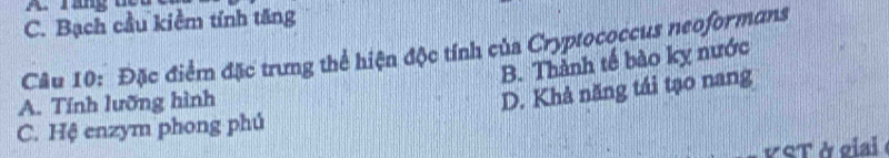 C. Bạch cầu kiểm tính tăng
Câu 10: Đặc điểm đặc trưng thể hiện độc tính của Cryptococcus neoformans
B. Thành tế bào kỵ nước
A. Tính lưỡng hình
D. Khả năng tái tạo nang
C. Hệ enzym phong phú
VST ở gia e