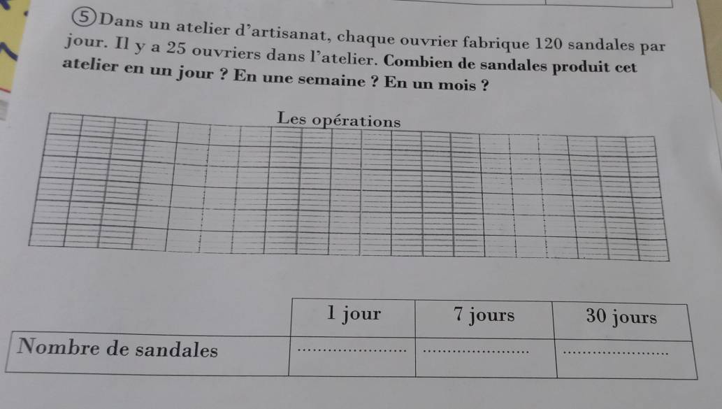 ⑤Dans un atelier d’artisanat, chaque ouvrier fabrique 120 sandales par 
jour. Il y a 25 ouvriers dans l’atelier. Combien de sandales produit cet 
atelier en un jour ? En une semaine ? En un mois ?