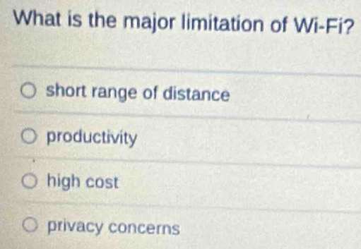 What is the major limitation of Wi-Fi?
short range of distance
productivity
high cost
privacy concerns