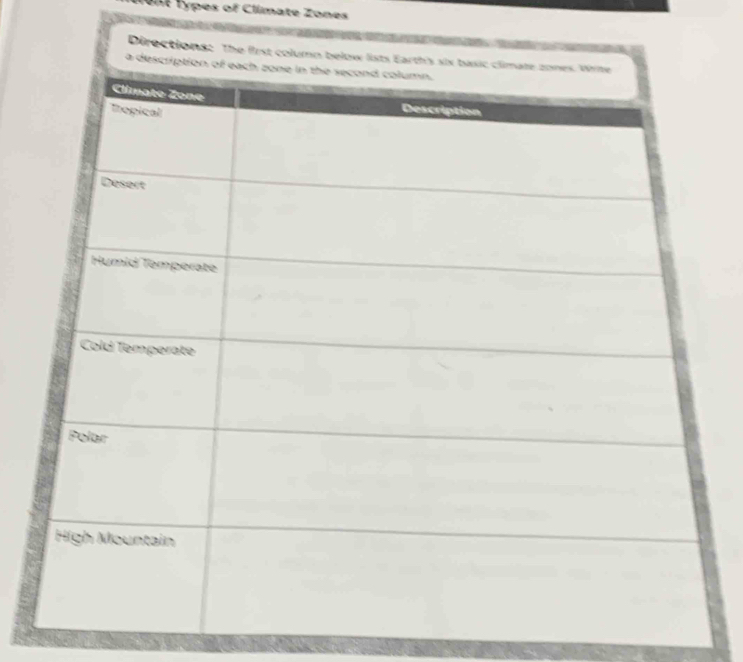 Mont Types of Climate Zones 

Directions: The first column below lists E 
a de