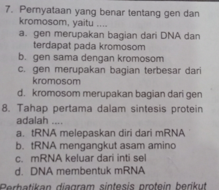 Pernyataan yang benar tentang gen dan
kromosom, yaitu ....
a. gen merupakan bagian dari DNA dan
terdapat pada kromosom
b. gen sama dengan kromosom
c. gen merupakan bagian terbesar dari
kromosom
d. kromosom merupakan bagian dari gen
8. Tahap pertama dalam sintesis protein
adalah ....
a. tRNA melepaskan diri dari mRNA
b. tRNA mengangkut asam amino
c. mRNA keluar dari inti sel
d. DNA membentuk mRNA
Perbatikan diagram sintesis protein berikut