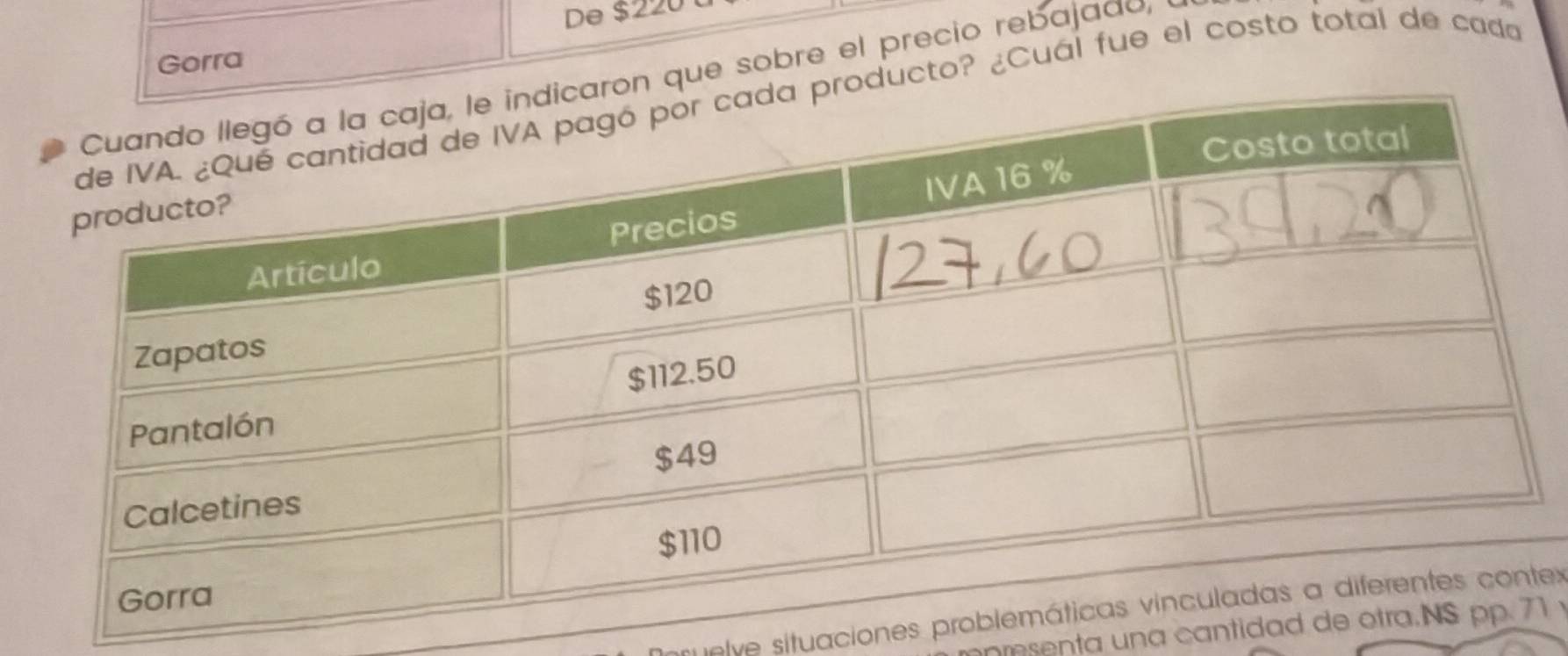 De $220
Gorra 
que sobre el precio rebajaao, 
ucto? ¿Cuál fue el costo total de cada 
uelve situaciones pex 
msenta una cantida1